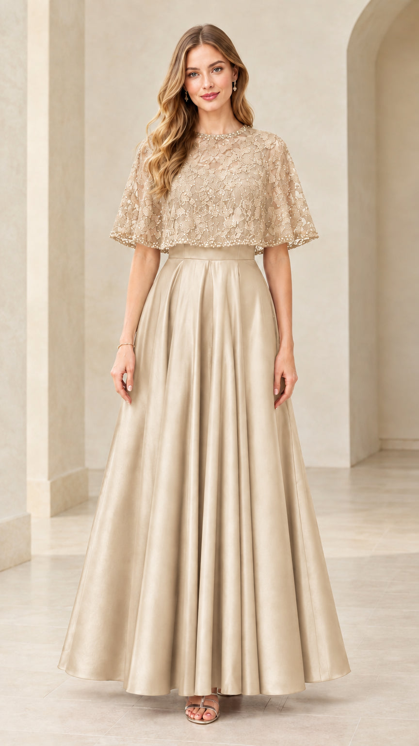 Champagne gold lace capelet formal evening dress with satin skirt