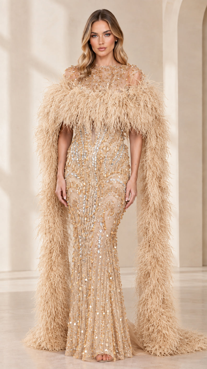 Full-length view of champagne gold sequin mermaid gown with neutral feather cape