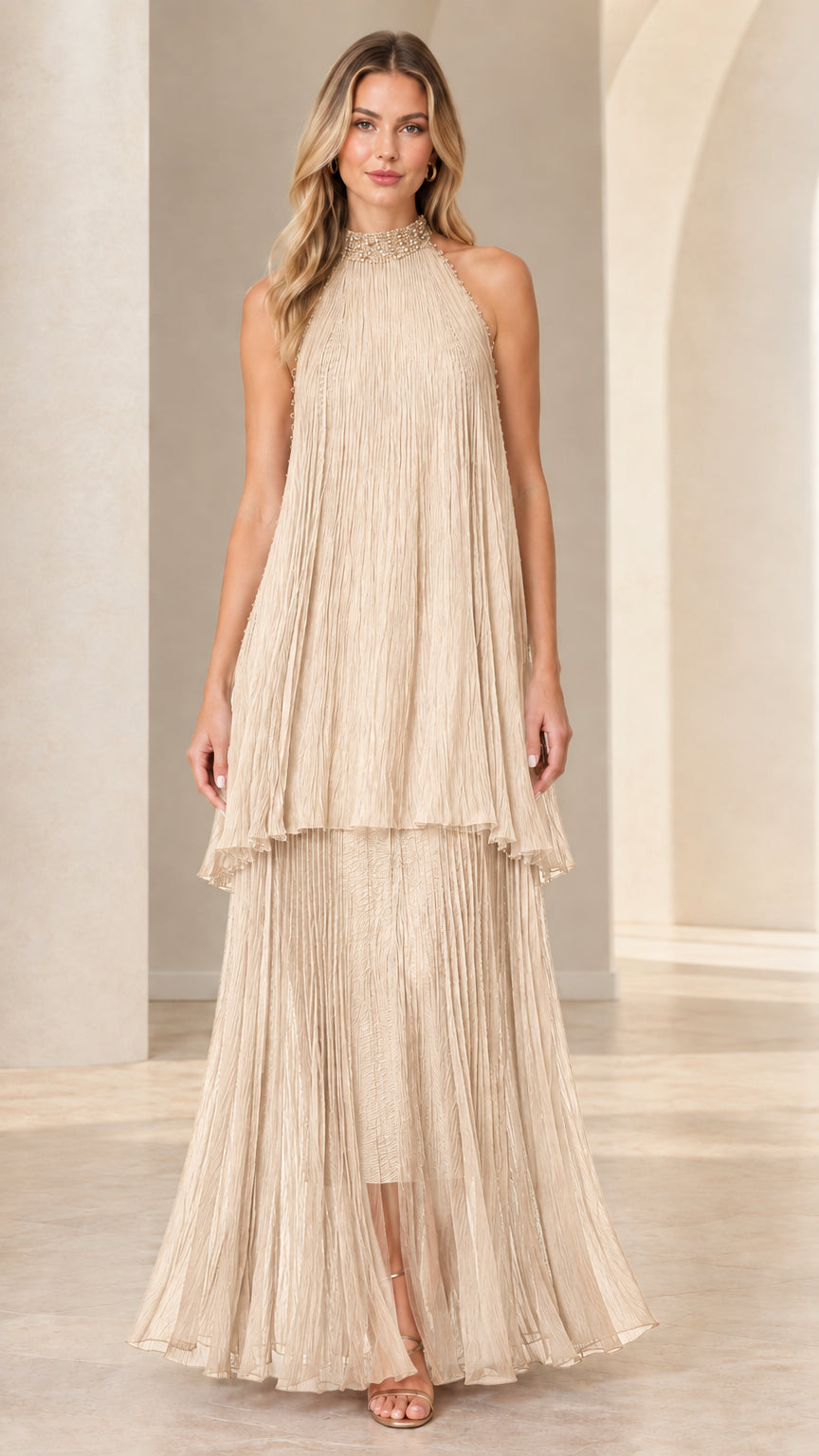 Champagne pleated tiered halter neck maxi dress
