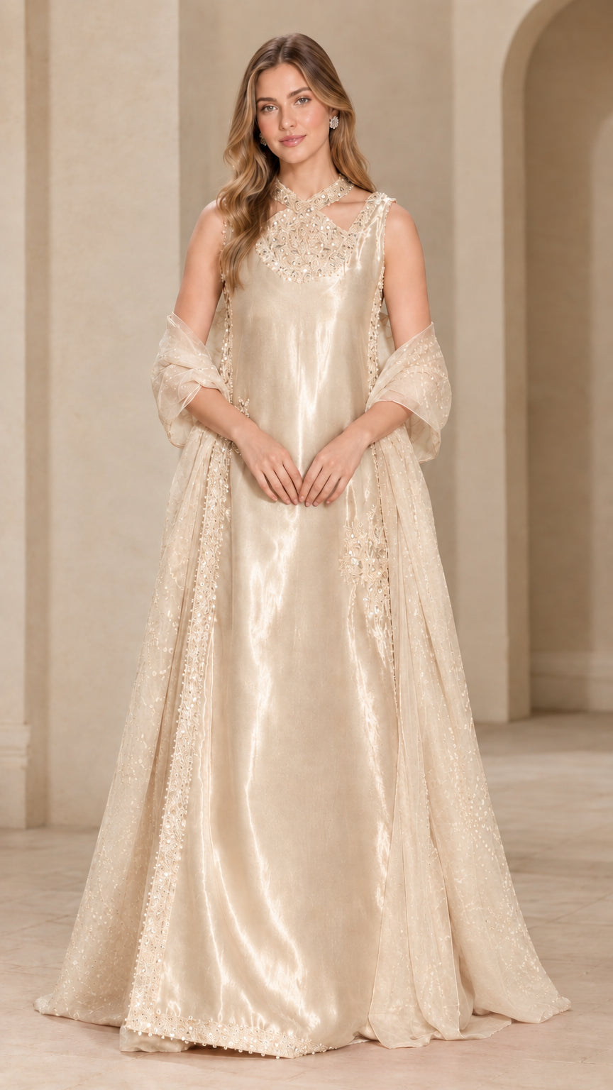 Full-length view of champagne gold satin evening dress with beaded neckline and wrap