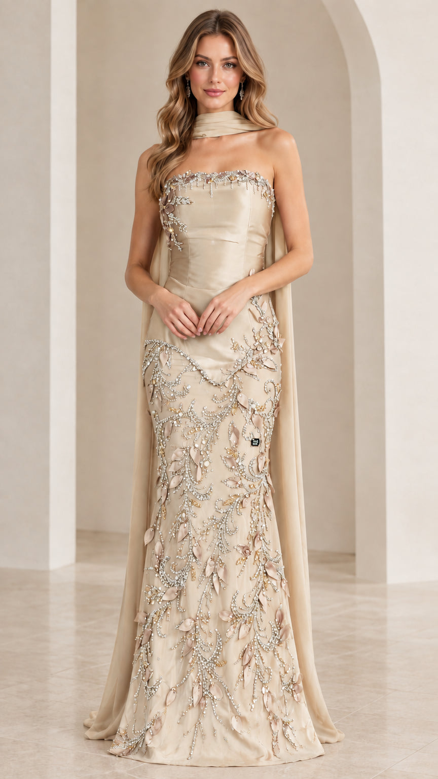 Full-length front view of strapless embellished mermaid evening gown in champagne