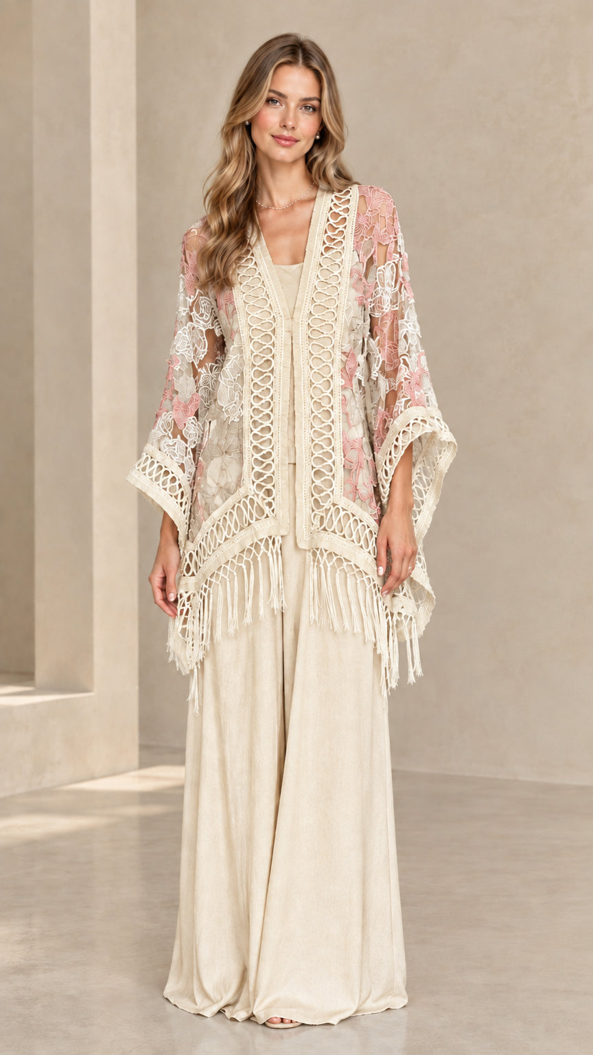 Woman wearing champagne beige floral lace fringe kimono cardigan