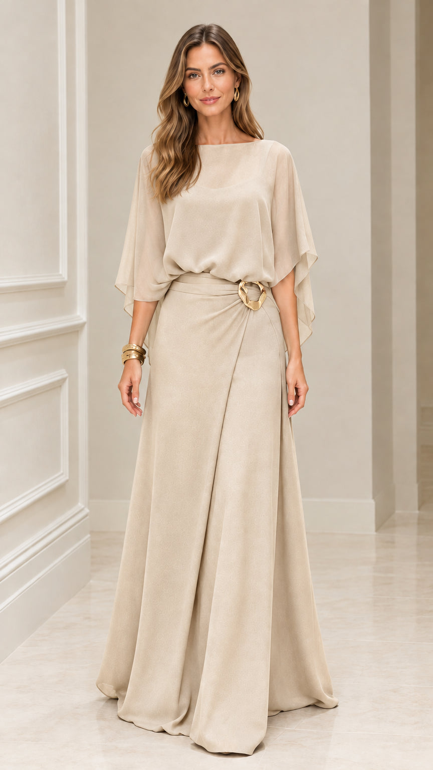 Front view of Champagne beige draped chiffon cape sleeve maxi dress