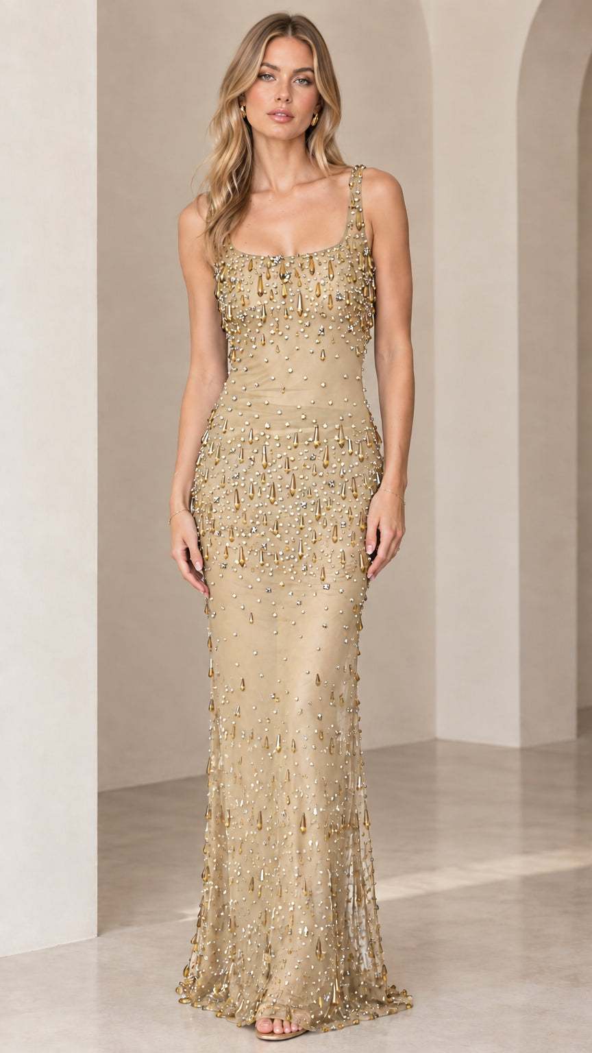 Champagne gold sleeveless embellished square neck maxi gown