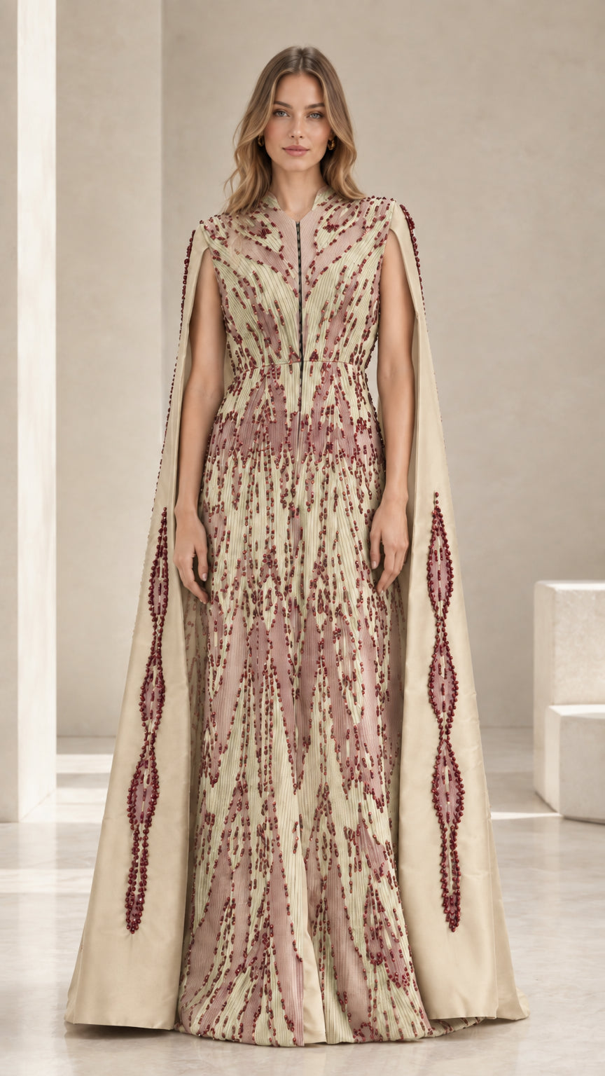 Champagne beige embellished cape formal dress