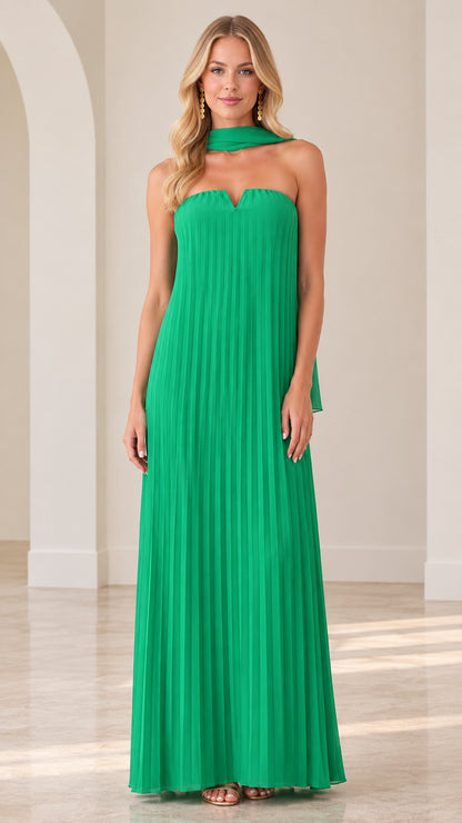 Front view of model wearing Emerald Green strapless pleated maxi dress with matching neck scarf
