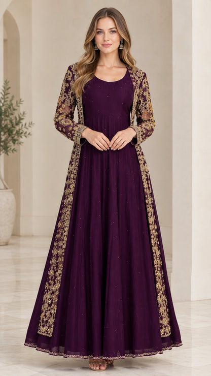 Full-length front view of deep purple A-line maxi dress paired with a gold embroidered longline sheer jacket