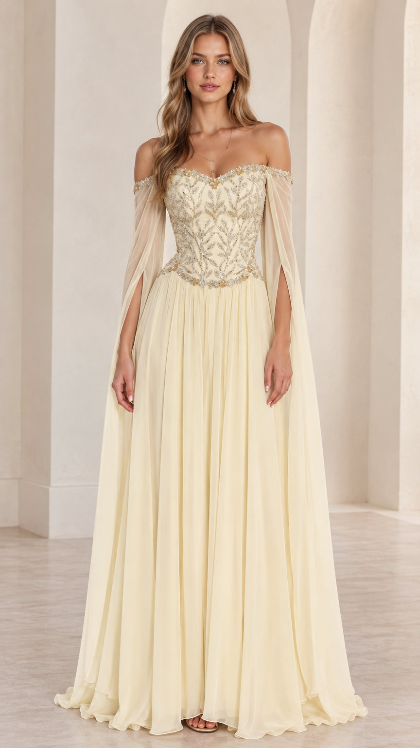 Front view of Champagne off-the-shoulder embroidered corset gown with split cape sleeves