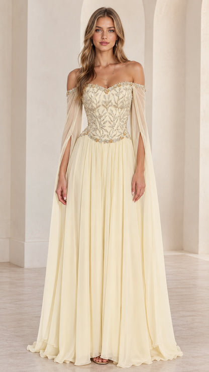 Front view of Champagne off-the-shoulder embroidered corset gown with split cape sleeves