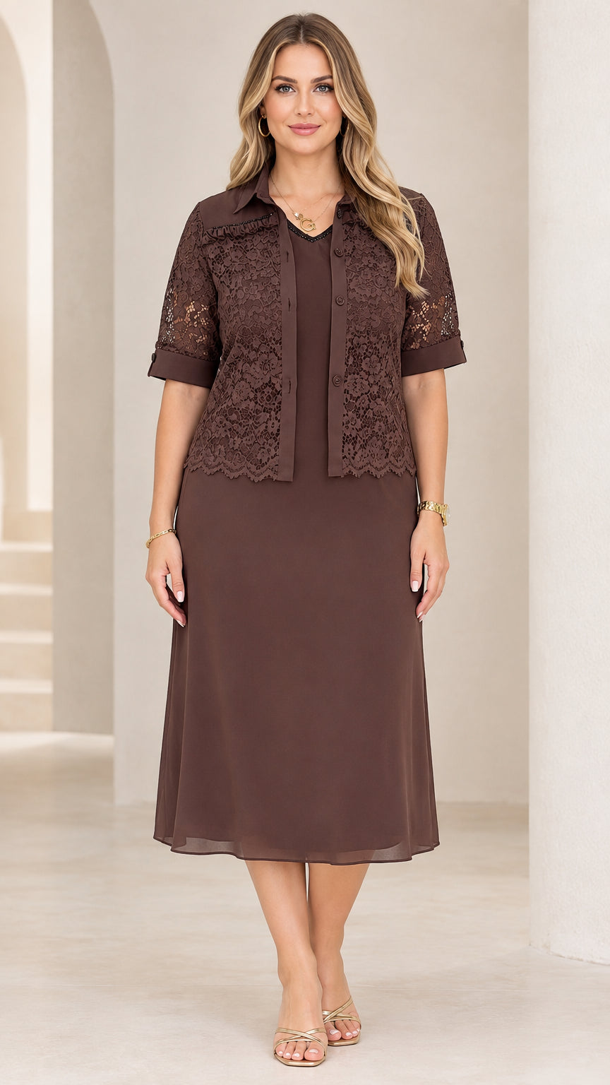 Chocolate Brown two-piece lace jacket midi dress front view on model
