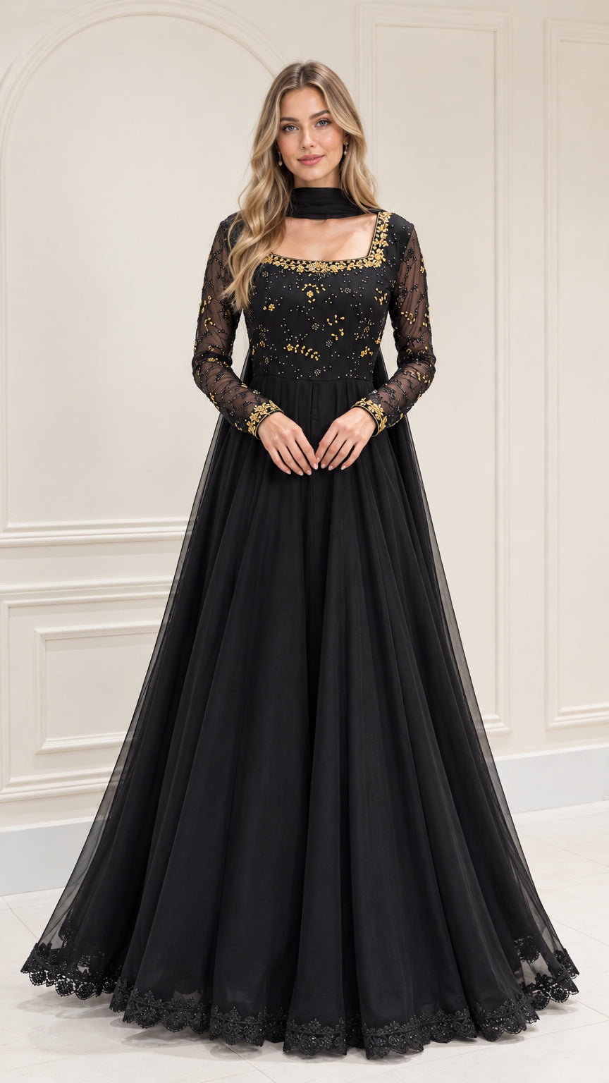 Front view of black embroidered long sleeve A-line formal evening gown