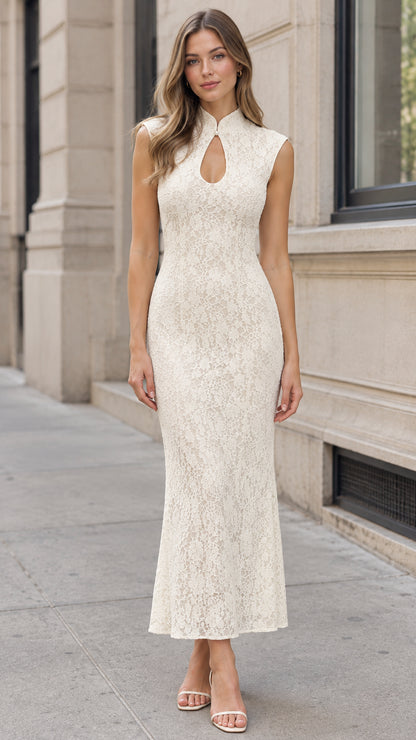 Front view of model wearing ivory mandarin collar keyhole floral lace maxi dress