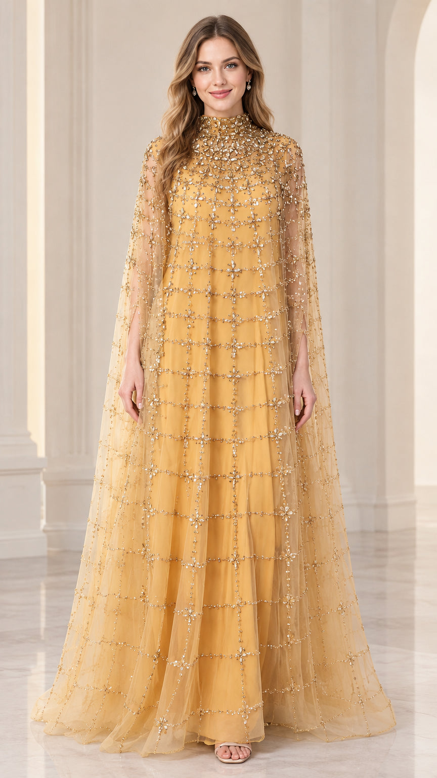 Front full view of woman wearing gold high-neck beaded cape evening gown