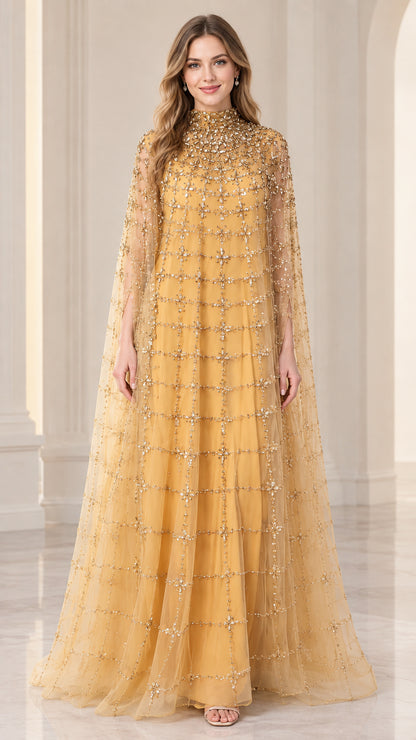 Front full view of woman wearing gold high-neck beaded cape evening gown