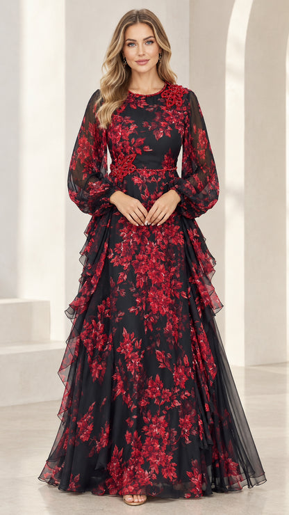 Full front view of black and red floral chiffon evening gown with beaded neckline