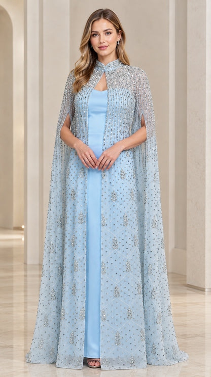 Front full view of light blue beaded cape evening gown