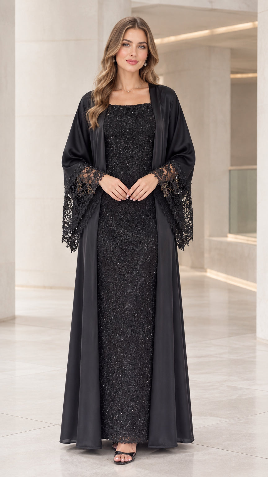 Front full-length view of model wearing the black 2-piece lace maxi dress with satin duster robe