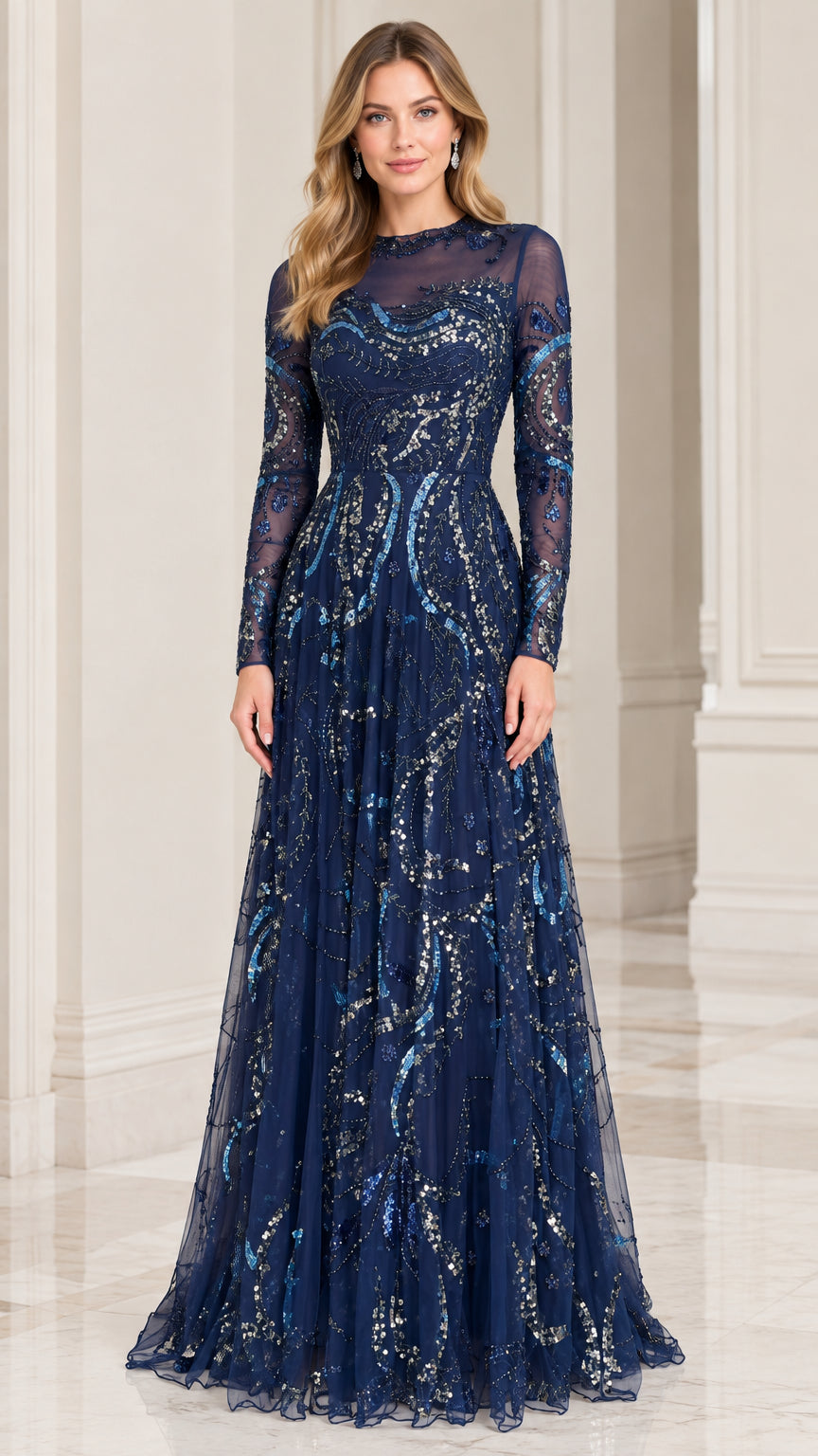 Navy blue long sleeve sequin embellished A-line evening gown front view