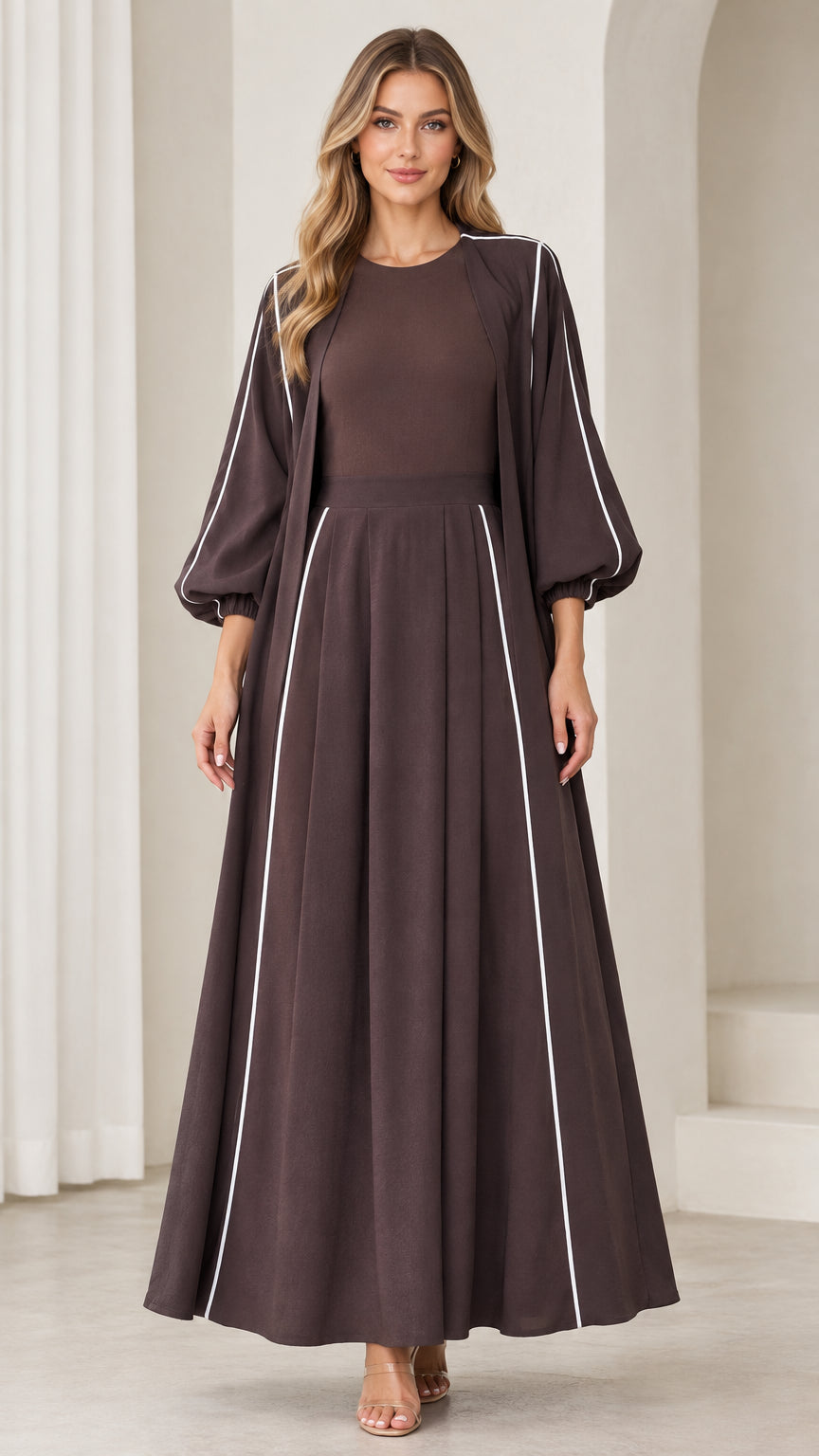 Front view of woman wearing Coffee Brown contrast piping lantern sleeve maxi dress