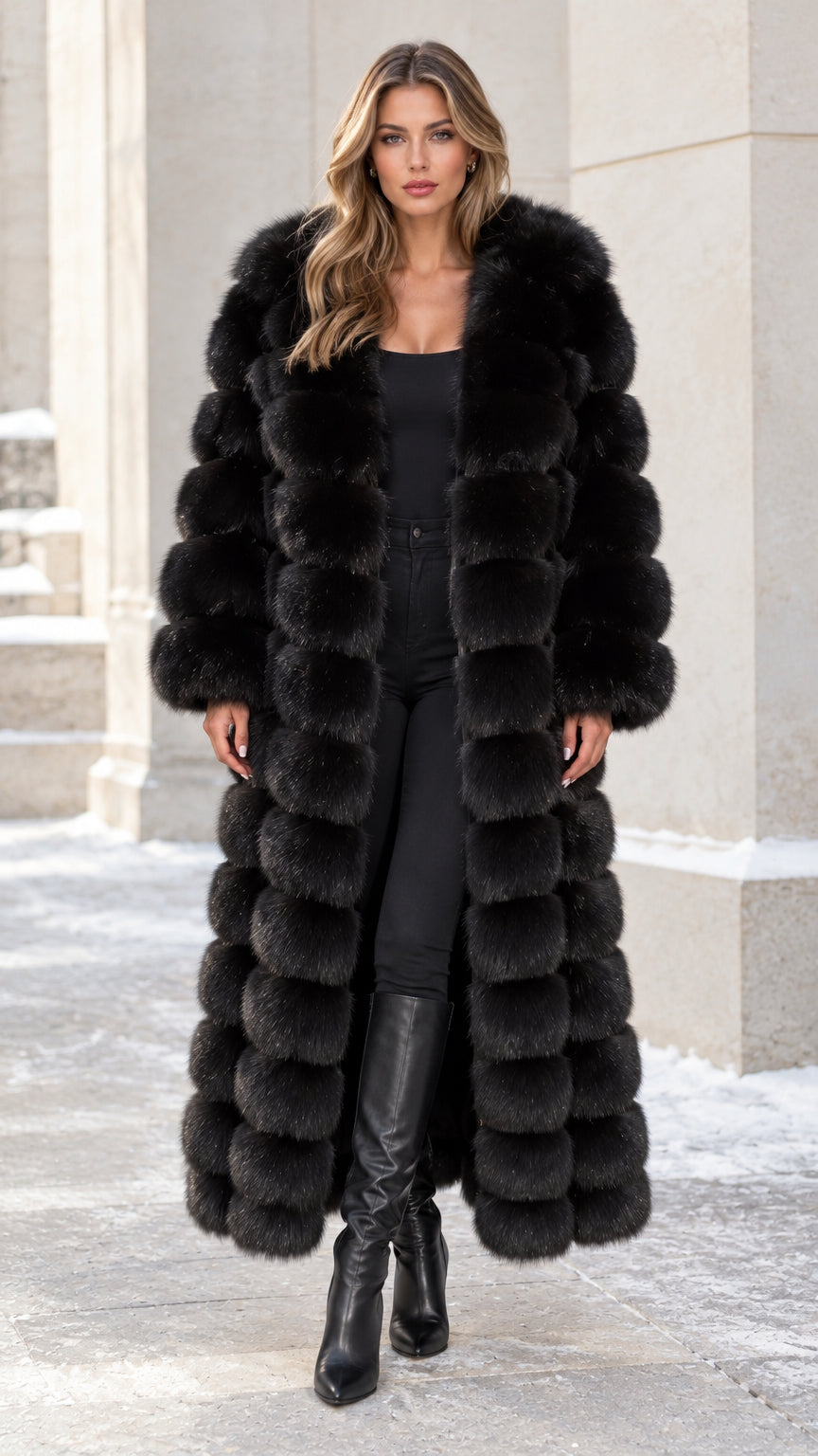 Front view of model wearing black maxi tiered faux fur coat with boots