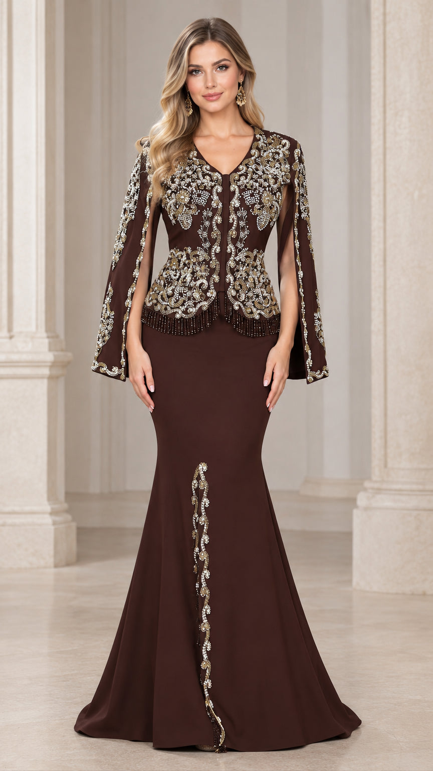 Front view of model wearing Chocolate Brown beaded cape sleeve mermaid evening gown