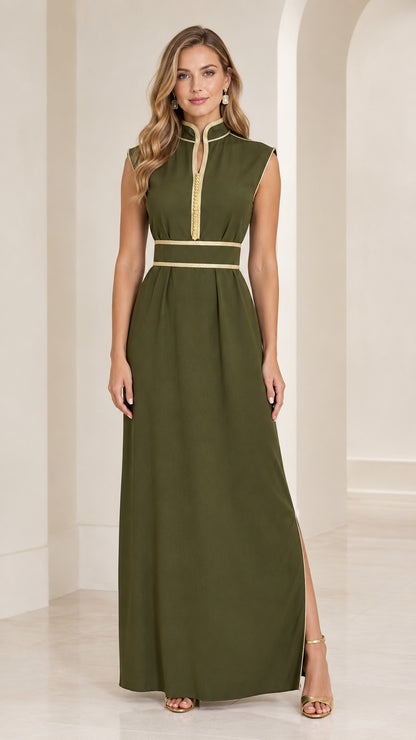 Front view of woman wearing olive green sleeveless mandarin collar maxi dress with gold braid trim