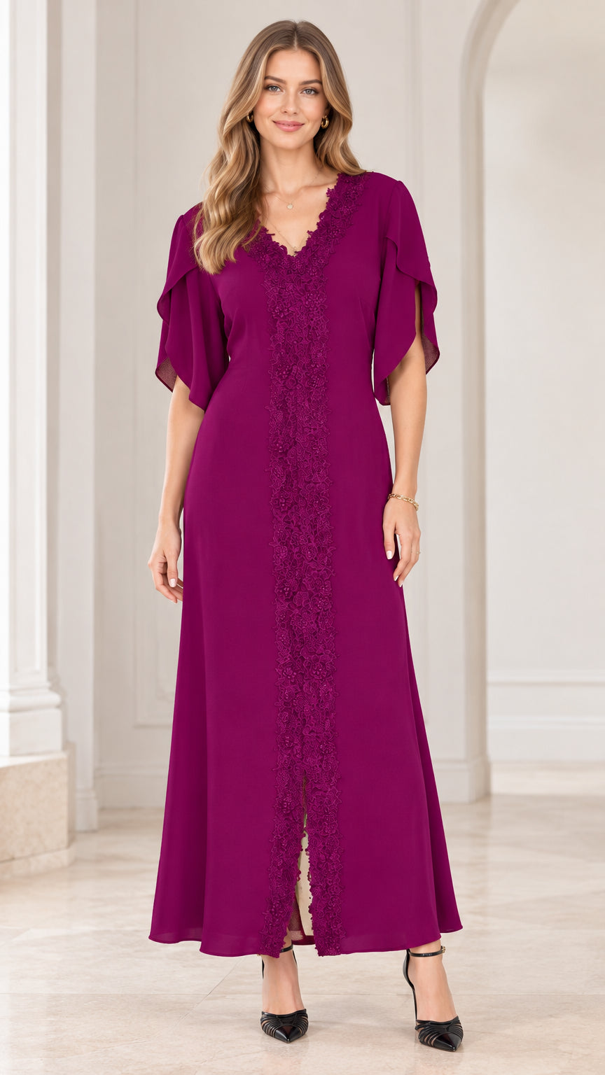 Full front view of model wearing magenta lace-trim flutter sleeve maxi dress