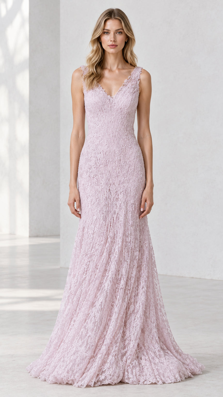 Front view of woman wearing sleeveless lilac textured lace mermaid evening gown