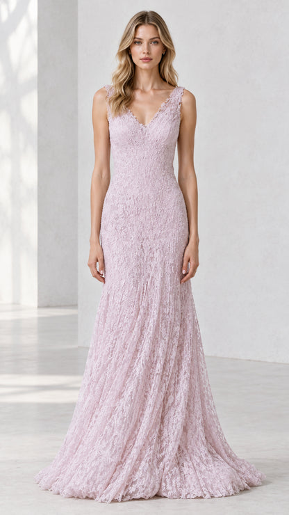 Front view of woman wearing sleeveless lilac textured lace mermaid evening gown