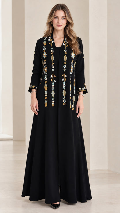 Front view of black embroidered long sleeve maxi dress