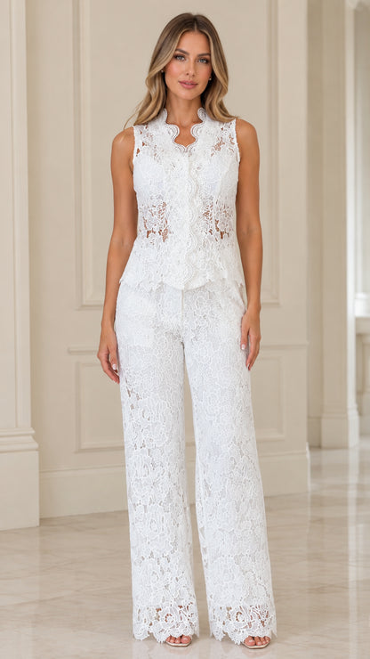 Front full view of white floral lace sleeveless top and wide-leg pantsuit set