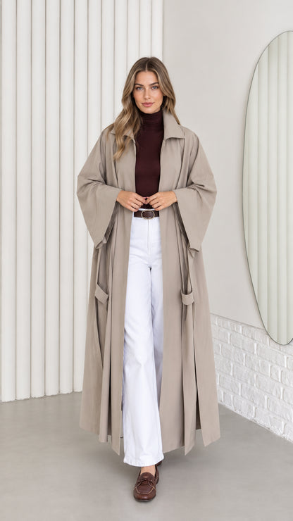 Women's oversized taupe maxi trench duster coat front view with wide sleeves