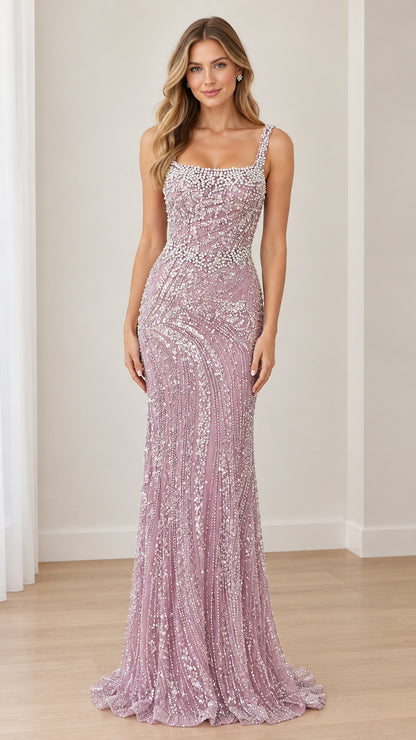 Front view of woman wearing Dusty Lilac square neck beaded sequin evening gown