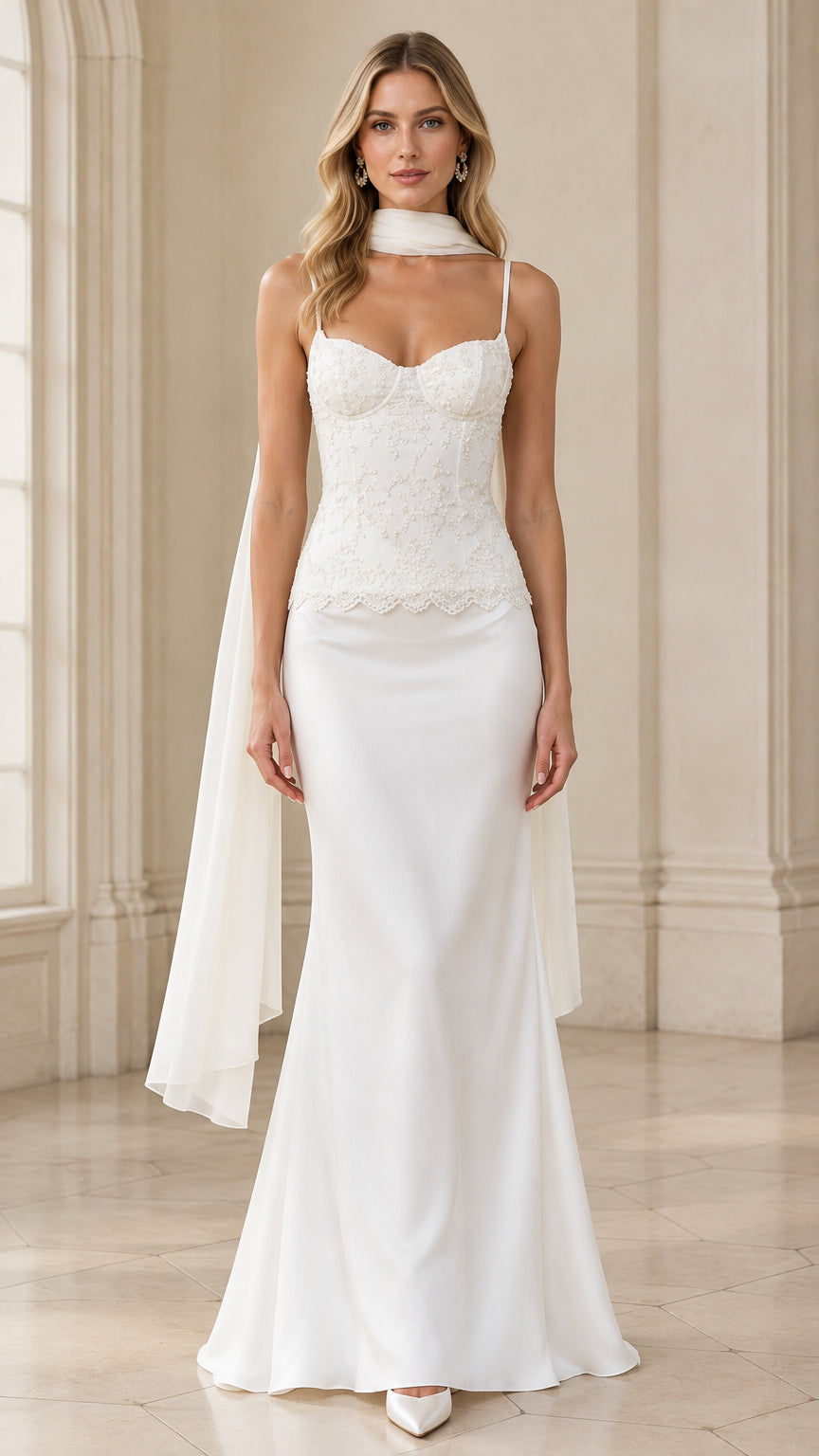 Front view of model wearing white beaded corset sweetheart satin maxi dress with draped scarf