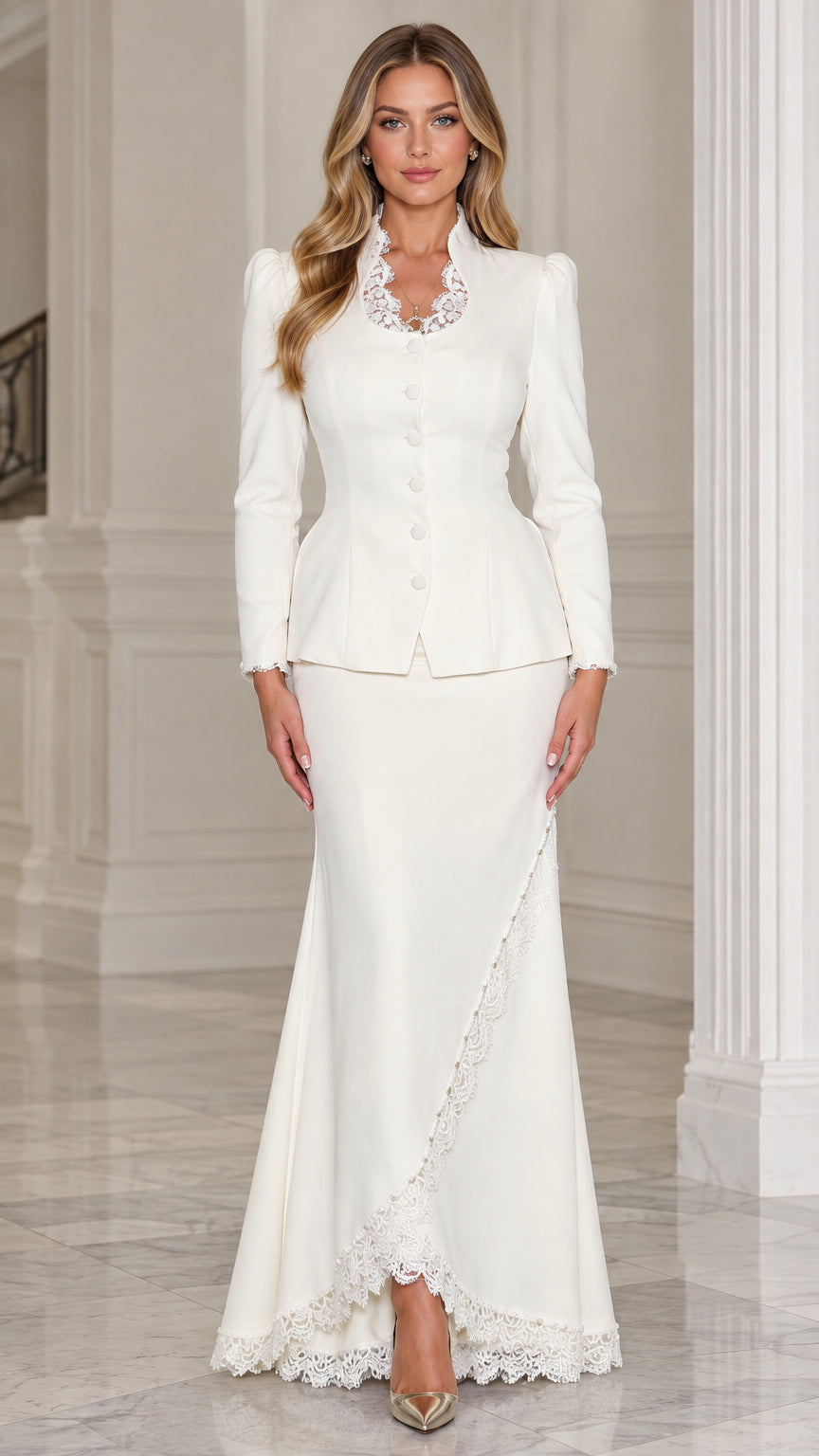 Front view of woman wearing white lace-trim peplum jacket and maxi skirt suit set