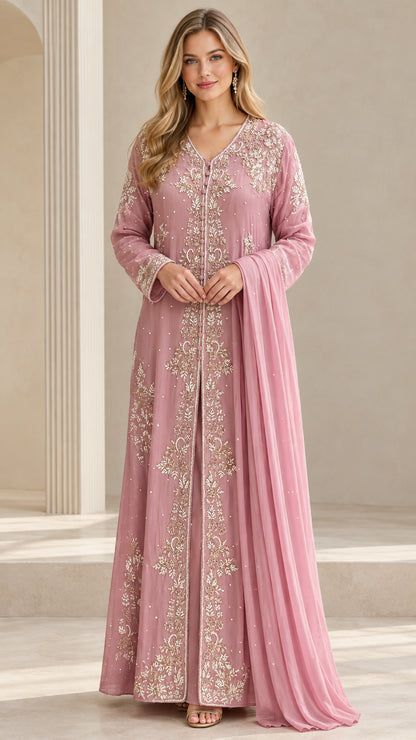 Full front view of dusty rose floral embroidered maxi gown with matching draped shawl