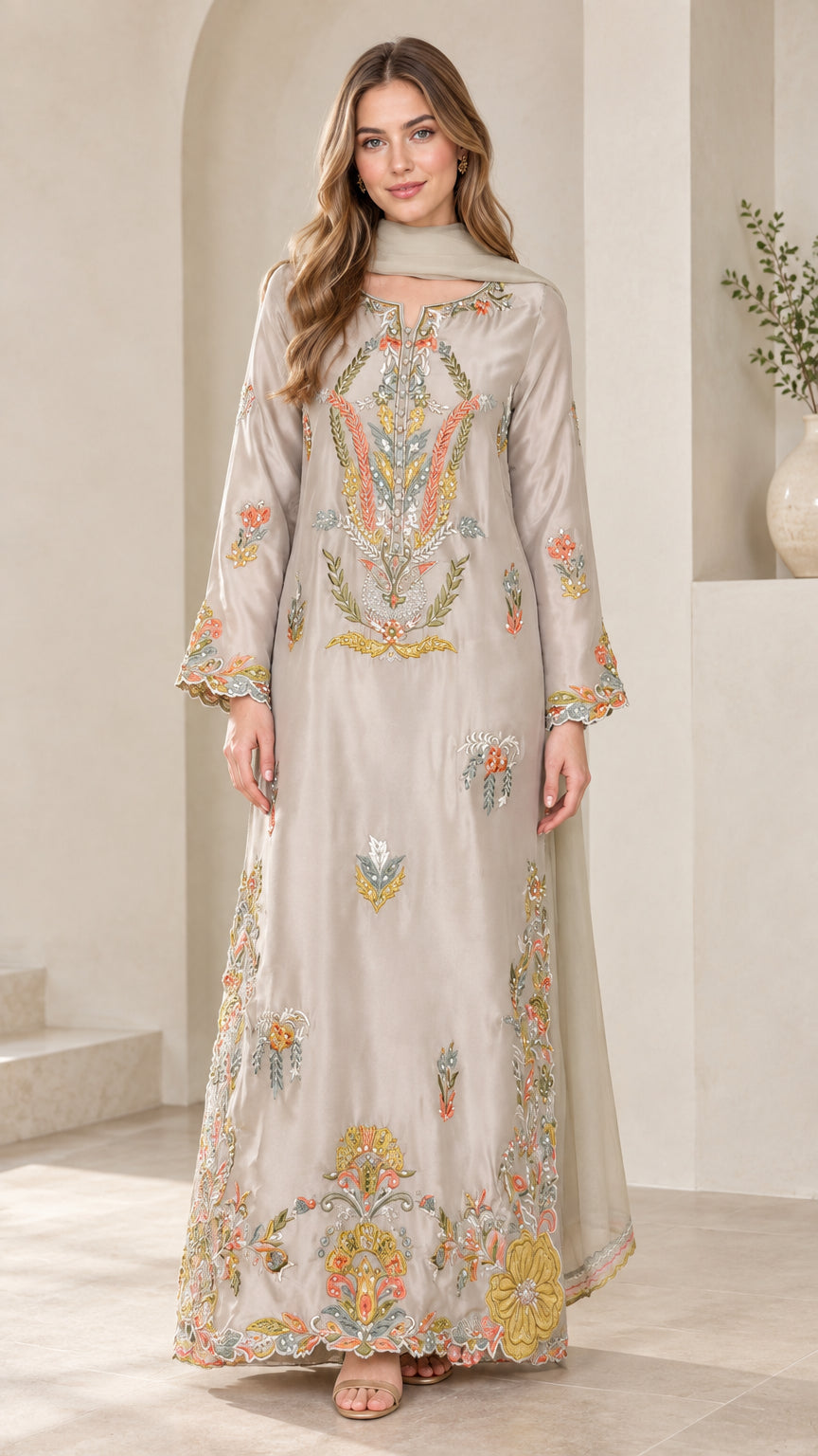 Silver grey floral embroidered satin kaftan maxi dress front view with matching scarf
