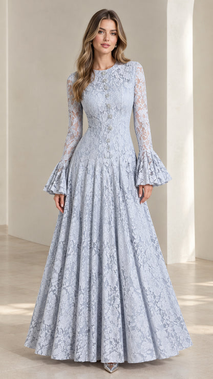 Front full-length view of the Dusty Blue lace flared sleeve maxi gown