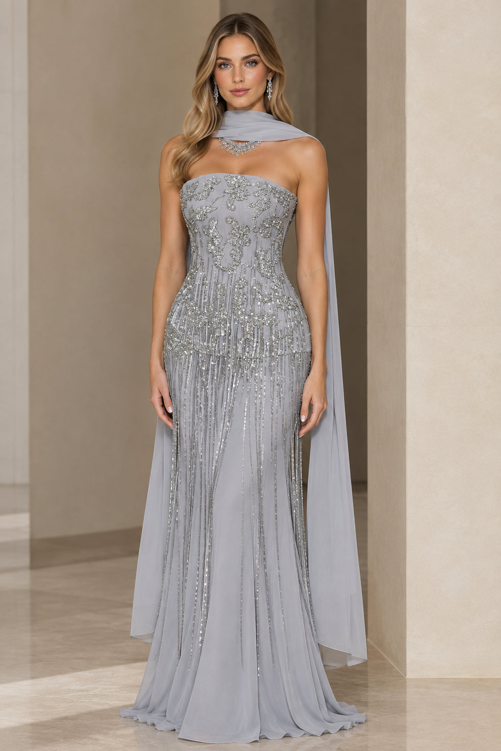 Silver Grey strapless beaded fringe evening gown with matching chiffon scarf front view