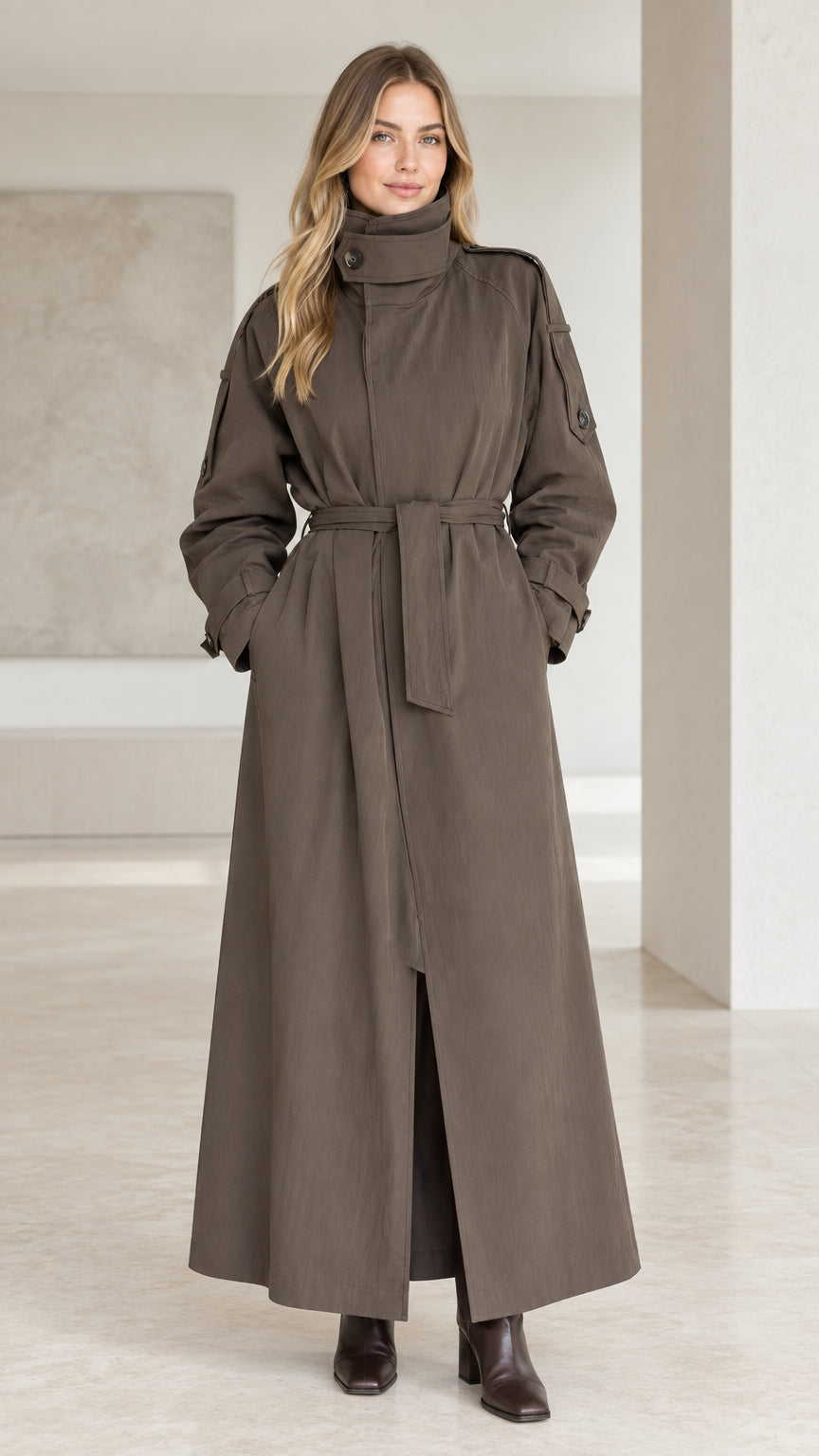 Full-length front view of woman wearing taupe maxi trench coat with high collar and belt