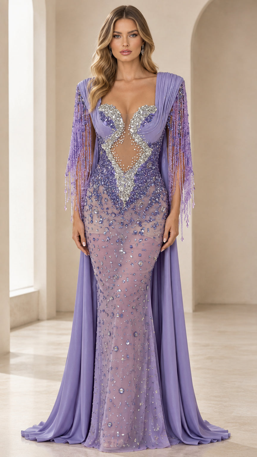 Front view of lavender rhinestone embellished evening gown with beaded fringe sleeves and sweeping cape