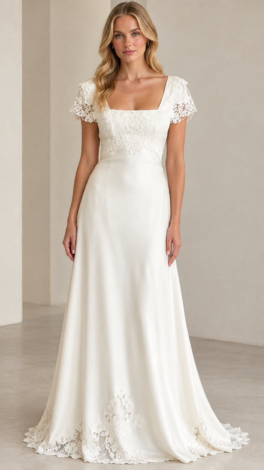 Full front view of white square-neck lace cap sleeve evening maxi dress