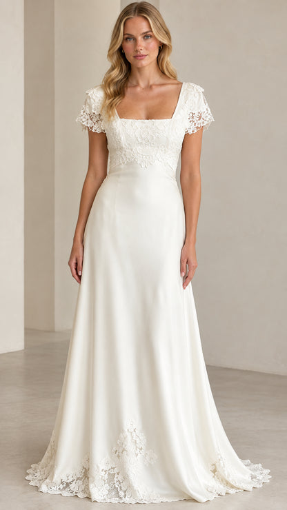 Full front view of white square-neck lace cap sleeve evening maxi dress