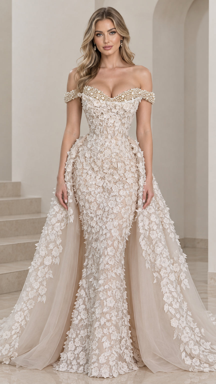 Champagne off-the-shoulder 3D floral applique mermaid gown with voluminous overskirt