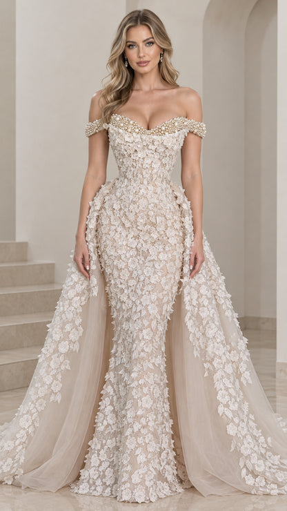 Champagne off-the-shoulder 3D floral applique mermaid gown with voluminous overskirt