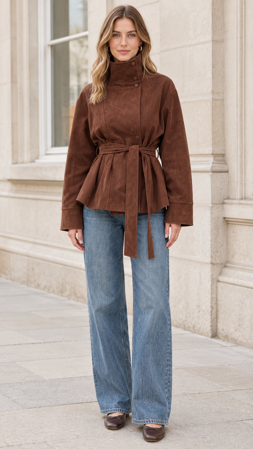 Full front view of model wearing brown high neck belted faux suede jacket with wide leg jeans