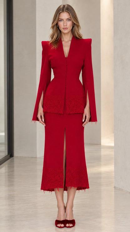 Front full view of woman wearing red tailored peplum blazer and matching lace midi skirt