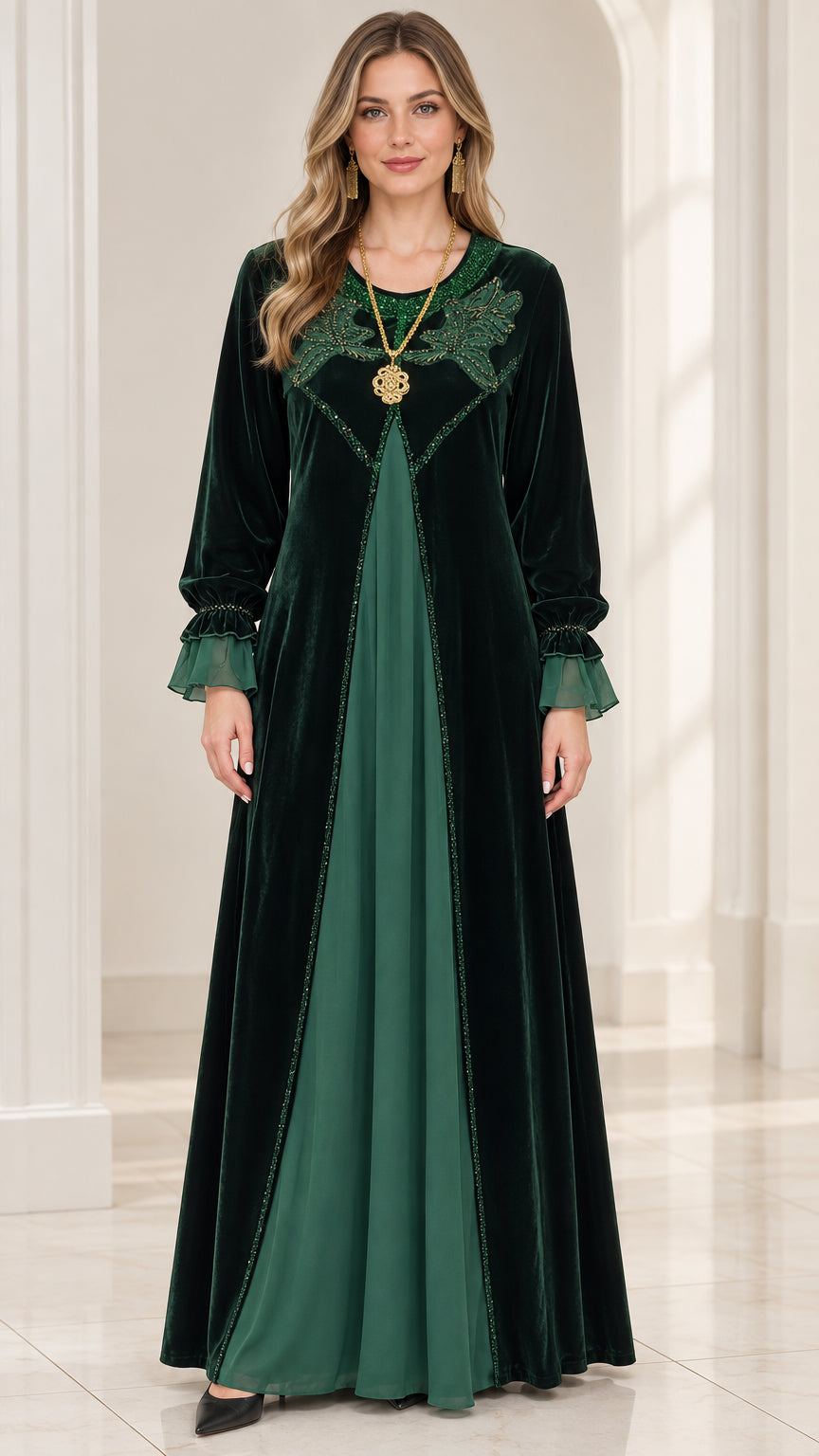 Emerald Green embroidered velvet long sleeve maxi dress front view