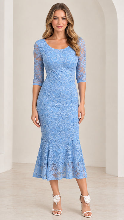 Light blue floral lace 3/4 sleeve mermaid midi dress front view