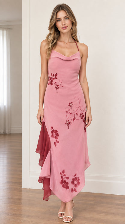 Front view of model wearing dusty rose halter cowl neck floral asymmetrical dress